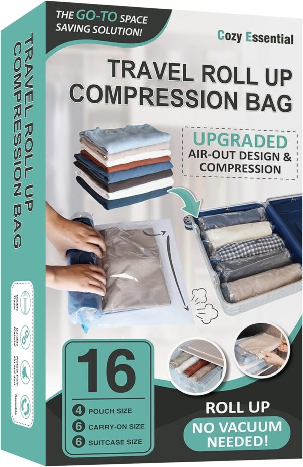 16 Roll Up Travel Compression Bags, Hand Roll Space Saver bags No Vacuum Needed (6 Large Roll/6 Medium Roll/4 Small Roll)