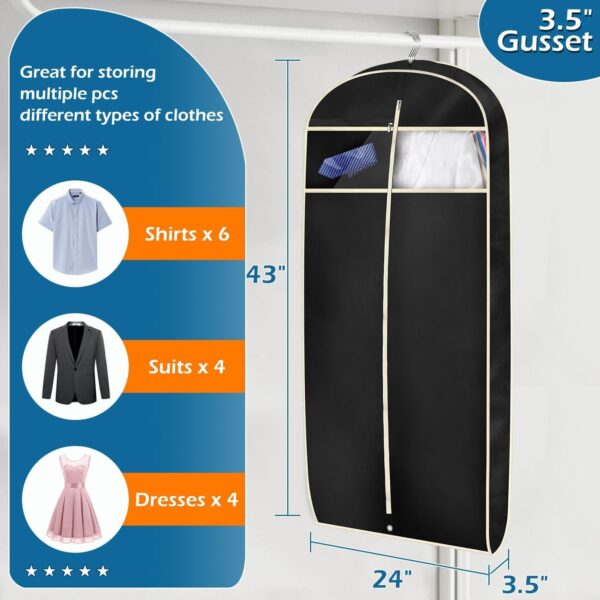 MISSLO 43" Gusseted Travel Garment Bag with Accessories Zipper Pocket Breathable Suit Garment Cover for Shirts Dresses Coats, Black - Image 3