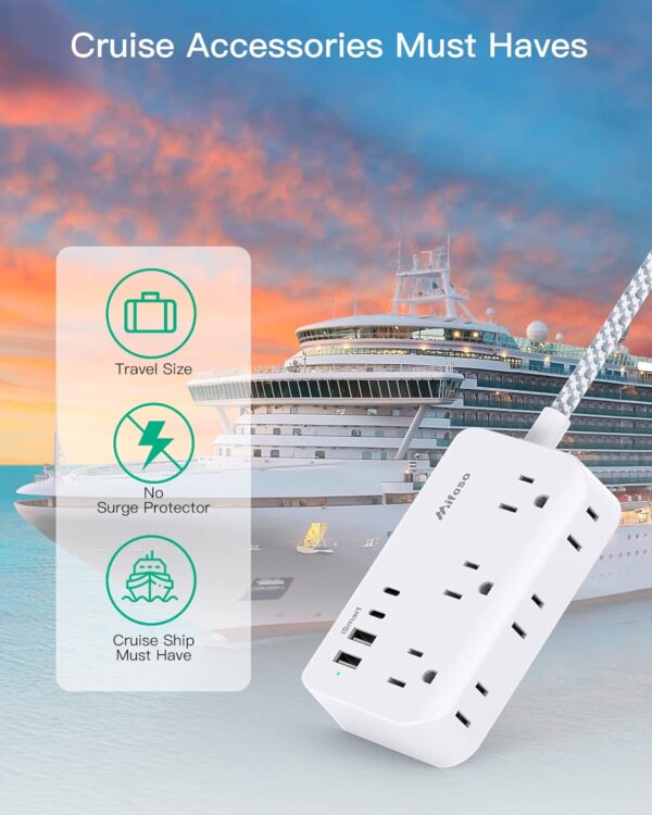 Power Strip Extension Cord - 6 Outlets and 4 USB (2 USB C), 5Ft Braided Cord with Ultra Thin Flat Plug, Wall Mount, Overload Protection, Compact for Travel, Cruise Ship, and Dorm Room Essentials - Image 5