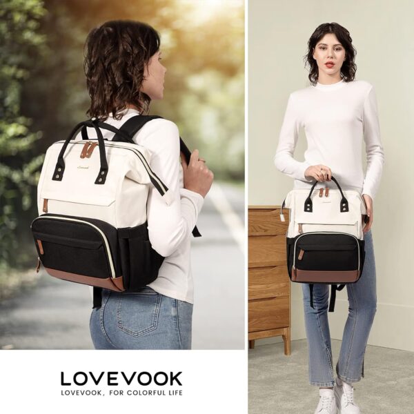 LOVEVOOK Laptop Backpack for Women, 15.6 Inch Work Business Backpacks Purse with USB Port, Large Capacity Educators Nurse Bag Backbag, Waterproof Casual Daypack for Travel,Black-White-Brown - Image 6