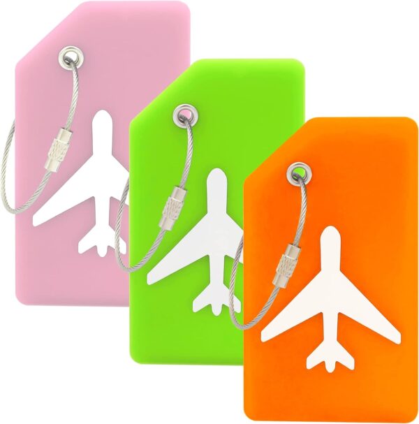 Teskyer Luggage Tags, 3 Pack Privacy Protection Soft Silicone Luggage Tags for Suitcase Luggage Travel Bags Labels, Orange/Green/Pink