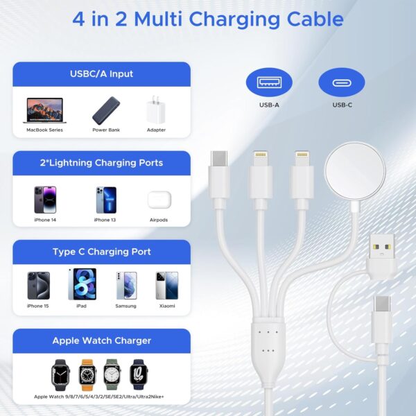 4 in 2 Multi Charging Cable for Apple Watch Charger,USB C Cable Universal Tra vel Charger with Lightning Type C Compatible with iPhone 15 14 13 iWatch Series 9/8/7/6/5/4/3/2/1 Galaxy S23 S22-4FT - Image 6