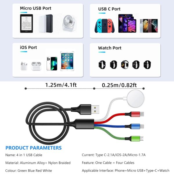 5FT/1.5M Multi Charging Cable for Apple Watch Charger Travel Nylon Braided USB C Micro USB Lightning Compatible with iWatch Ultra/SE/9/8/7/6/5/4/3/iPhone 15 Pro Max/14/13/12/Galaxy Android - Image 5