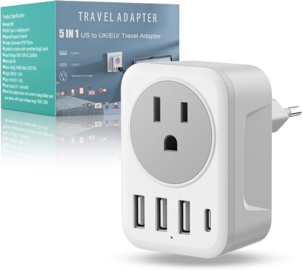 European Travel Plug Adapter, International Travel Adapter with Fast Charing, 4 USB Ports, 5-in-1 Type C Power Adaptor Charger for US to Most of Europe Iceland Spain Italy France Germany