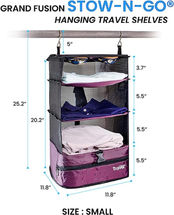 Stow-N-Go Portable Hanging Travel Shelves, Packing Organizer for Luggage. Carry on Closet with Hanger for Clothes. Expandable Packing Cube. Travel Essentials from Grand Fusion. Small, Burgundy - Image 6