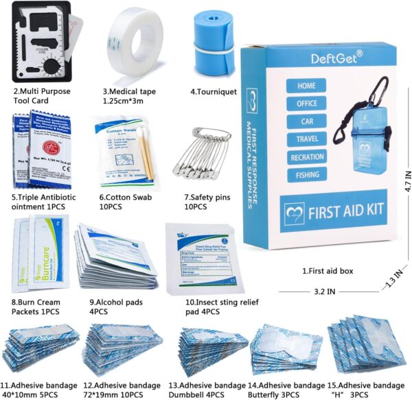 DEFTGET Waterproof First Aid Kit Travel Essentials HSA/FSA Eligible Small Emergency Survival Kits Mini Durable Lightweight for Minor Injuries Camping Hiking Backpacking (Aqua-Blue) - Image 2