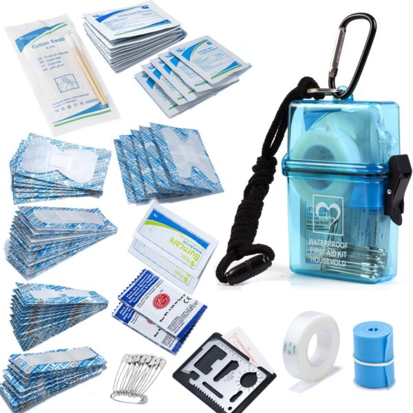 DEFTGET Waterproof First Aid Kit Travel Essentials HSA/FSA Eligible Small Emergency Survival Kits Mini Durable Lightweight for Minor Injuries Camping Hiking Backpacking (Aqua-Blue)