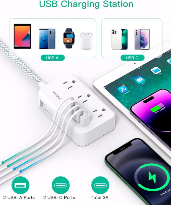 Power Strip Extension Cord - 6 Outlets and 4 USB (2 USB C), 5Ft Braided Cord with Ultra Thin Flat Plug, Wall Mount, Overload Protection, Compact for Travel, Cruise Ship, and Dorm Room Essentials - Image 4