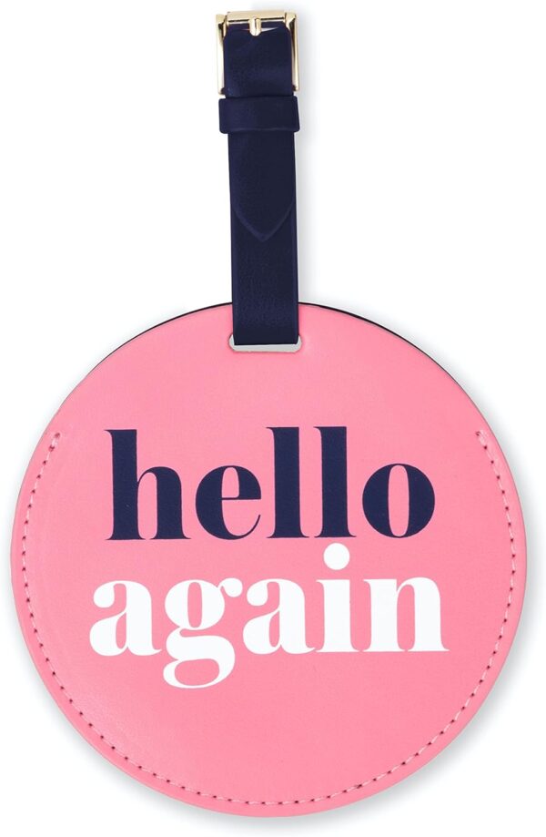 Kate Spade New York Round Vegan Leather Luggage Tag, Pink Durable Suitcase ID Tag, Hello Again