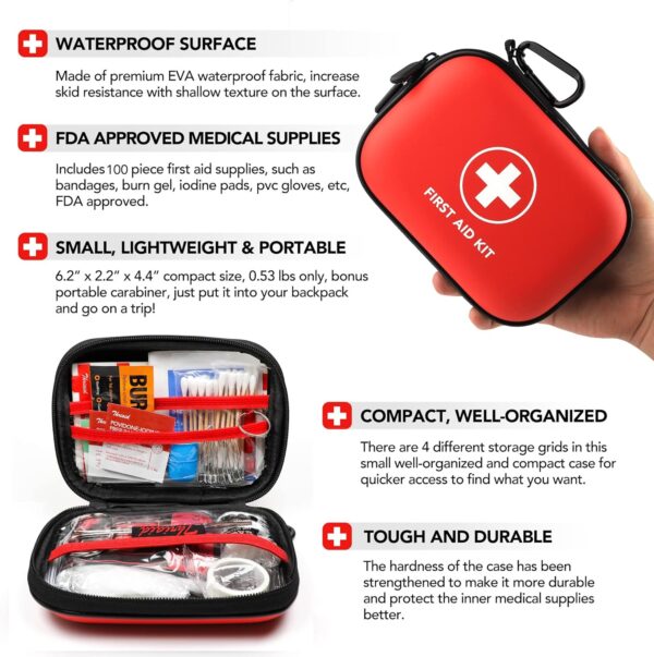 Mini First Aid Kit, 100 Pieces Water-Resistant Hard Shell Small Case - Perfect for Travel, Outdoor, Home, Office, Camping, Hiking, Car (Red) - Image 5