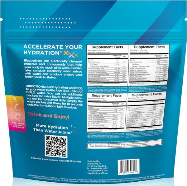 HydroMATE Electrolytes Powder Drink Mix Packets Hydration Accelerator Low Sugar Rapid Party Recovery Plus Vitamin C Variety Pack 30 Count - Image 4