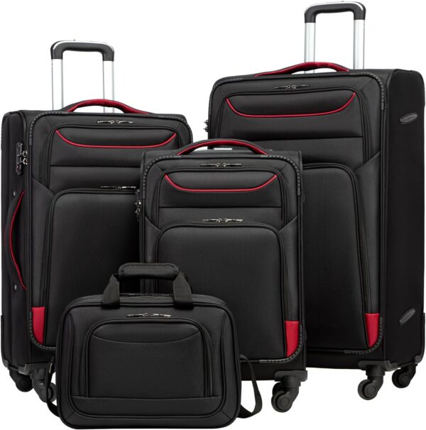 Coolife Luggage 4 Piece Set Suitcase TSA Lock Spinner Softshell lightweight (black+red)