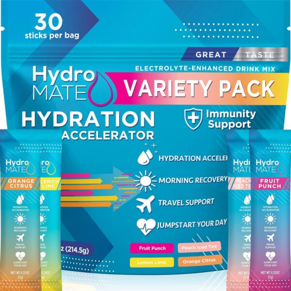 HydroMATE Electrolytes Powder Drink Mix Packets Hydration Accelerator Low Sugar Rapid Party Recovery Plus Vitamin C Variety Pack 30 Count