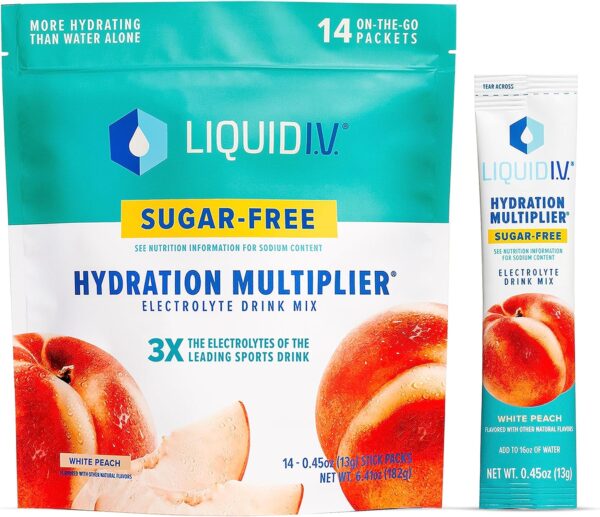 Liquid I.V.® Hydration Multiplier® Sugar-Free - White Peach - Hydration Powder Packets | Electrolyte Powder Drink Mix | Convenient Single-Serving Sticks | Non-GMO | 1 Pack (14 Servings)