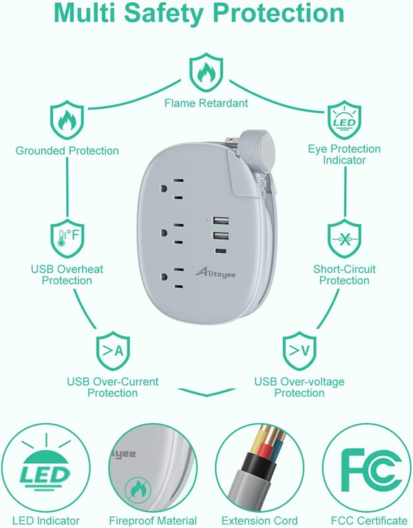 Alitayee USB C Portable Travel Power Strip with 3 Outlets 3 USB Ports Fast Charge, USB Extension Cord with Flat Plug and 3ft Wrapped Around Extension Cord for Cruise Travel Home Office - Image 6