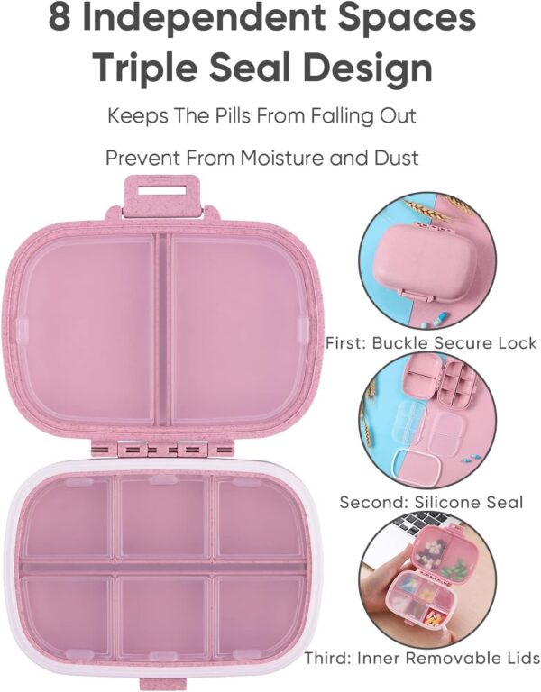 Holii Travel Pill Organizer, 8 Compartments Portable Pill Case, Daily Pill Box to Hold Vitamins, Small Pill Container for Pocket Purse Medicine Organizer（Pink） - Image 4