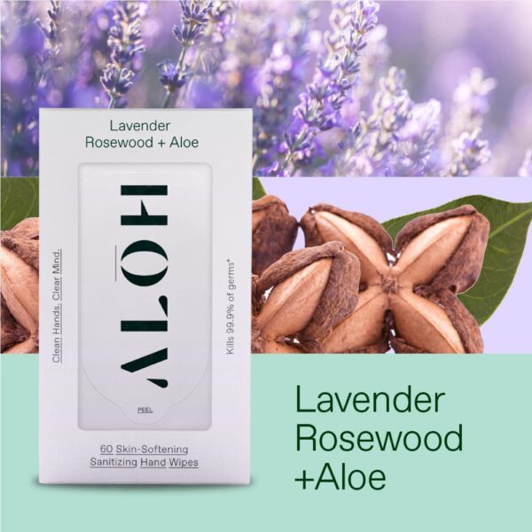 ALŌH Lavender Rosewood + Aloe Sanitizing Hand Wipes - Clean Hands, Clear Mind - On The Go Hand Sanitizer Wipes for Kids and Adults - Travel Size 6 Pack, 20ct Wipes (120 wipes) - Image 2