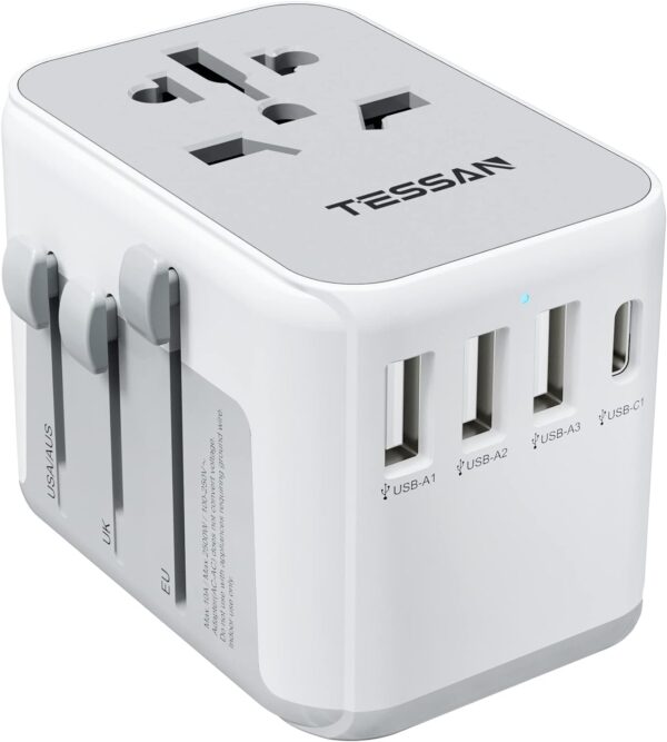 TESSAN International Plug Adapter, Universal Power Adaptor with 4 USB Ports (1 USB C), Worldwide Travel Essentials Wall Charger for USA to Europe France Germany Spain Ireland Australia(Type C/G/A/I)