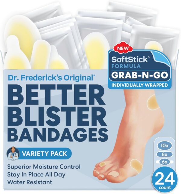 Dr. Frederick's Original SoftStick Better Blister Bandages - 24 ct - Extra Soft, Extra Stick - Grab-N-Go - Water Resistant Hydrocolloid Bandages for Blister Prevention - Variety Pack