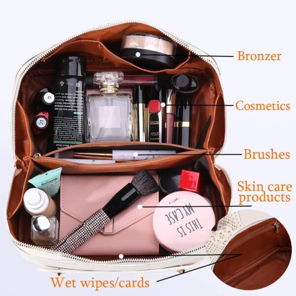 Large Capacity Travel Cosmetic Bag Plaid Checkered Makeup Bag Portable Leather Waterproof Skincare Bag with Handle and Divider for Women - Image 5