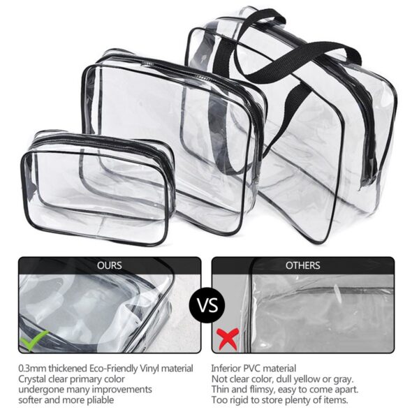 3Pcs Crystal Clear PVC Travel Toiletry Bag Kit for Women Men, Waterproof Vinyl Organizer Makeup Bags with Zipper Handle Straps, Cosmetic Bag Pouch Carry on Airport Airline Compliant Bag Handbag - Image 5