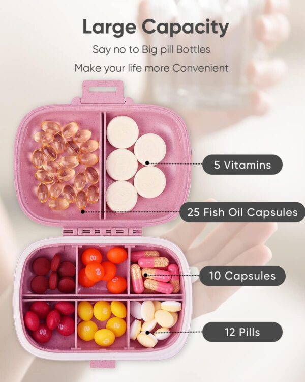 Holii Travel Pill Organizer, 8 Compartments Portable Pill Case, Daily Pill Box to Hold Vitamins, Small Pill Container for Pocket Purse Medicine Organizer（Pink） - Image 6