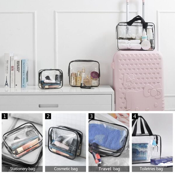 3Pcs Crystal Clear PVC Travel Toiletry Bag Kit for Women Men, Waterproof Vinyl Organizer Makeup Bags with Zipper Handle Straps, Cosmetic Bag Pouch Carry on Airport Airline Compliant Bag Handbag - Image 4