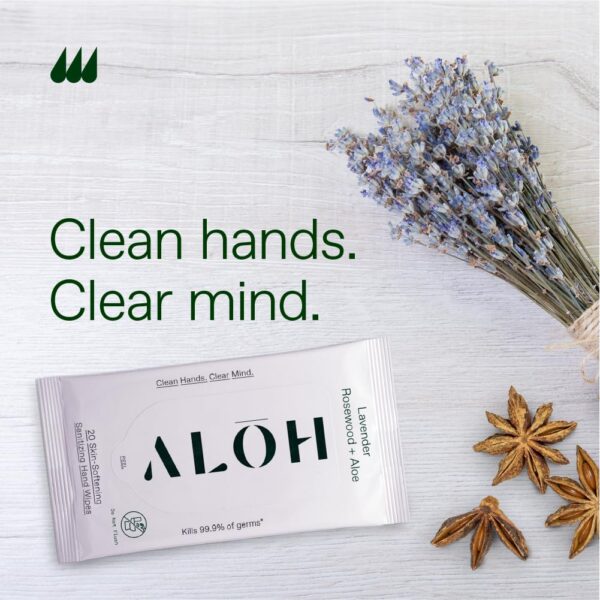 ALŌH Lavender Rosewood + Aloe Sanitizing Hand Wipes - Clean Hands, Clear Mind - On The Go Hand Sanitizer Wipes for Kids and Adults - Travel Size 6 Pack, 20ct Wipes (120 wipes) - Image 4