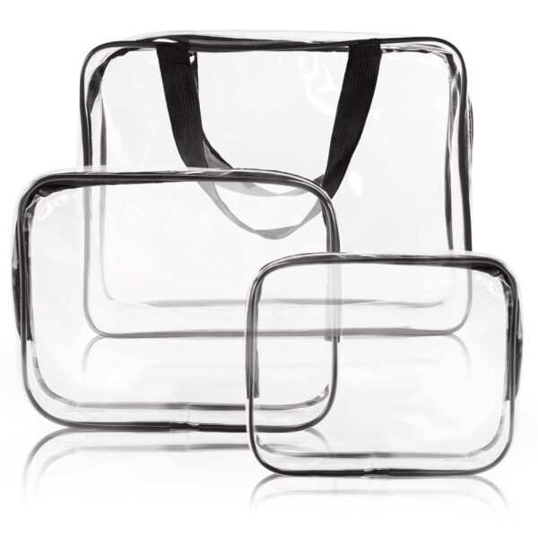 3Pcs Crystal Clear PVC Travel Toiletry Bag Kit for Women Men, Waterproof Vinyl Organizer Makeup Bags with Zipper Handle Straps, Cosmetic Bag Pouch Carry on Airport Airline Compliant Bag Handbag - Image 7