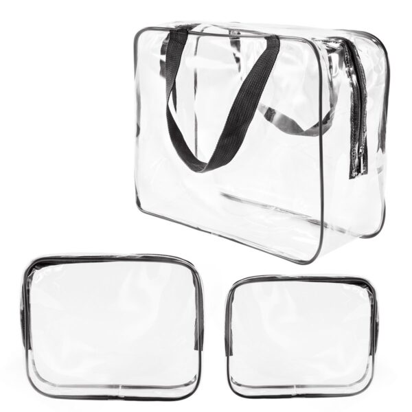 3Pcs Crystal Clear PVC Travel Toiletry Bag Kit for Women Men, Waterproof Vinyl Organizer Makeup Bags with Zipper Handle Straps, Cosmetic Bag Pouch Carry on Airport Airline Compliant Bag Handbag