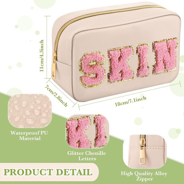 Sanwuta 4 Pcs Chenille Bag Preppy Patch Makeup Bag Cosmetic Bag Chenille Letters Toiletry Bag PU Leather Waterproof Portable Pouch Travel Organizer (Beige, Khaki, Pink, Nude Pink, Fresh Style) - Image 4