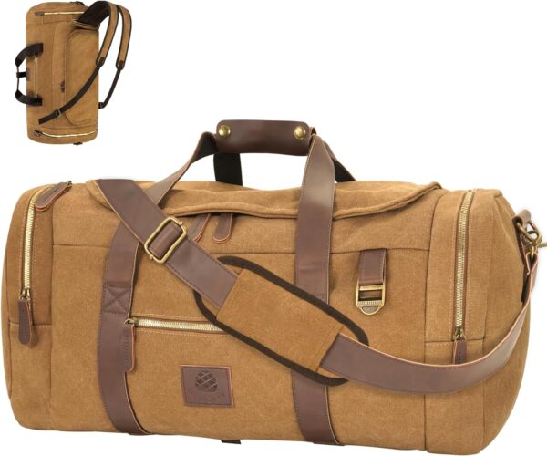 60L Travel Bags for Men, Nomad Canvas Duffle Bag Vintage Genuine Leather Travel Duffel Bag Multifunctional Weekender Overnight Backpack with Shoes Compartment (Coffee, X Large-60L)