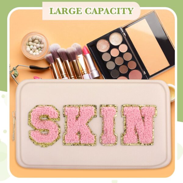 Sanwuta 4 Pcs Chenille Bag Preppy Patch Makeup Bag Cosmetic Bag Chenille Letters Toiletry Bag PU Leather Waterproof Portable Pouch Travel Organizer (Beige, Khaki, Pink, Nude Pink, Fresh Style) - Image 5