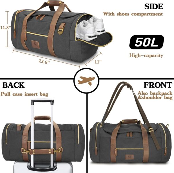 Vintage Canvas Duffle Bag, 50L Genuine Leather Travel Duffel Backpack Multifunctional Overnight Weekender Bag with Shoes Compartment Men (Black) - Image 3